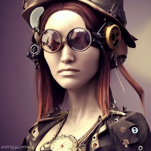 Prompt: a steampunk woman, long hair, aged 4 0, wearing a steampunk hat made of junk, photo realistic, real life, octane render, trending on artstation