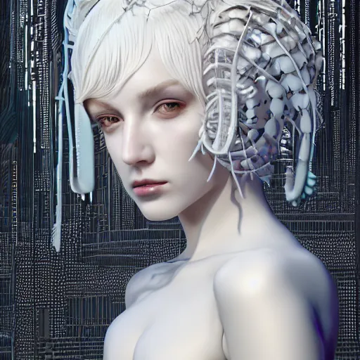 Prompt: portrait of an absurdly beautiful, graceful, sophisticated, fashionable cyberpunk mechanoid gravure idol, ultrafine hyperdetailed illustration by irakli nadar, matt wisniewski style, marvel comics, intricate linework, porcelain skin, neon jellyfish headdress, ivory carved ruff, unreal engine 5 highly rendered, global illumination, radiant light, detailed and intricate environment