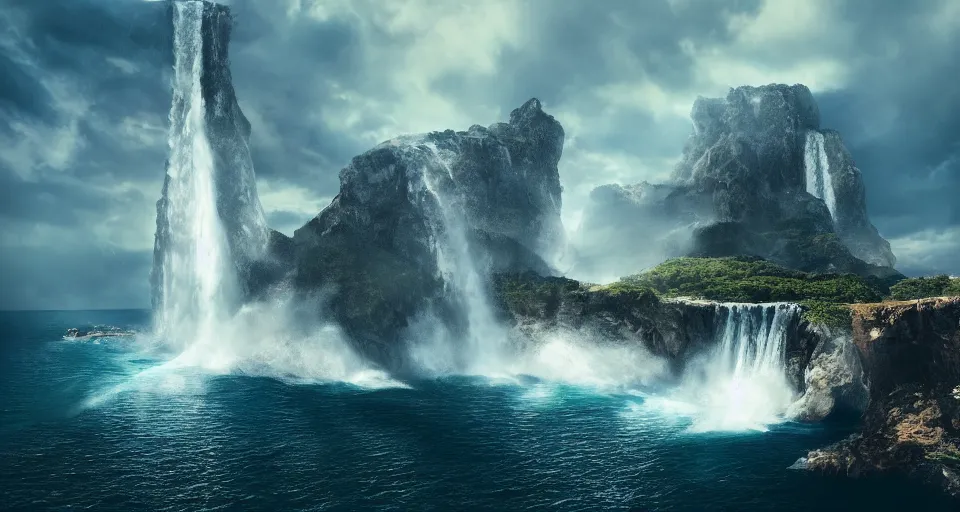 Image similar to A magnificent flying island in the sky above the sea, waterfall falling down, epic lighting, epic composition, cinematic, highly detailed, 4k