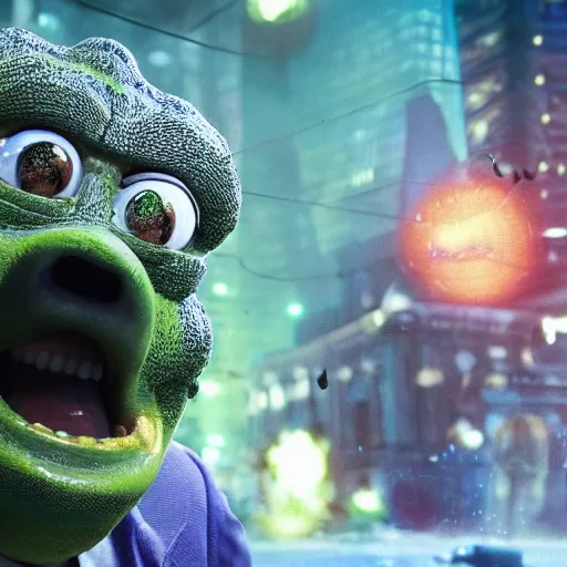 Image similar to mr. bean godzilla super mario pickle rick yoda donkey kong pikachu yeti shrek spongebob homer groot kermit in gears of war, splash art, movie still, detailed face, photorealistic facial features, cinematic lighting, dramatic, octane render, long lens, shallow depth of field, bokeh, anamorphic lens flare, 8 k, hyper detailed, 3 5 mm film grain