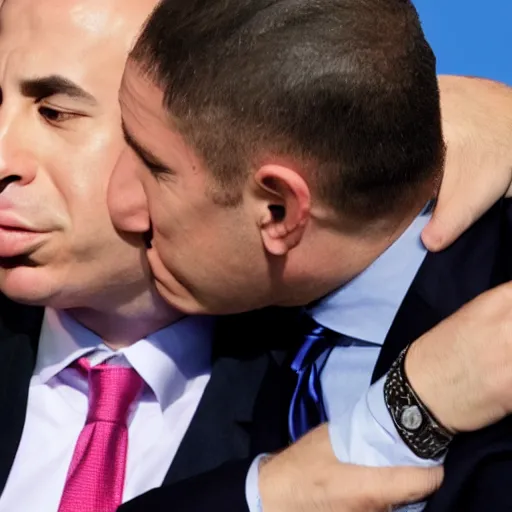 Image similar to benjamin netanyahu kissing naftali bennet, realistic, detailed