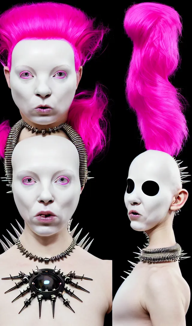 Image similar to symmetrical portrait of a biomechanical demoness wearing a steel spikes studded iridescent beauty mask and pink hair buns, wearing a black bodysuit by alexander mcqueen, cream white background, soft diffused light, biotechnology, humanoid robot, perfectly symmetric, bjork aesthetic, translucent, by rineke dijkstra, intricate details, highly detailed, masterpiece,