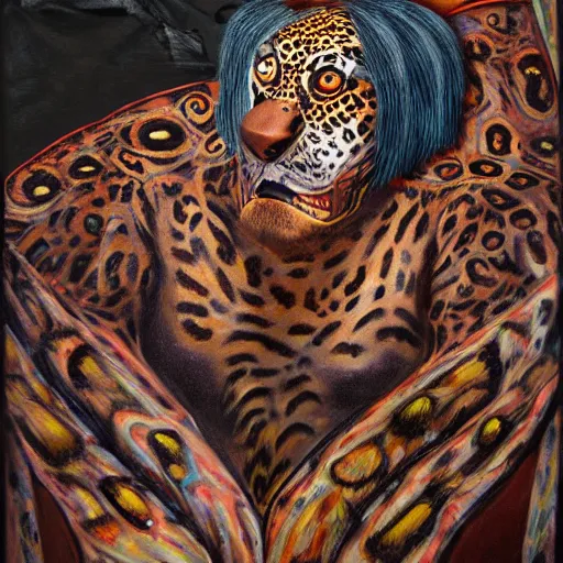 Image similar to an intricated and detailed painting of a shaman turning into a jaguar by jose clemente orozco 4 k render