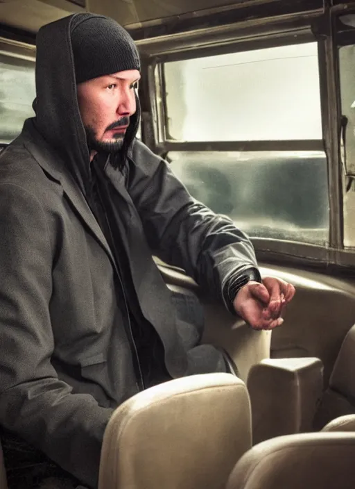 Prompt: Keanu Reeves cast as Eminem, still from 8 Mile, Bus Scene, hyperrealistic, 8k, Octane Render,