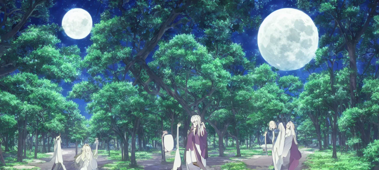 Image similar to illyasviel walking through enchanted ghibli clover | Big Moon at Blue Night | Trees with white flowers | bioluminescent blue FLOWERS | strong blue rimlit | visual-key | anime illustration | highly detailed High resolution | Light Novel | Visual Novel | In the style of Miyama-Zero, Yuuki Hagure