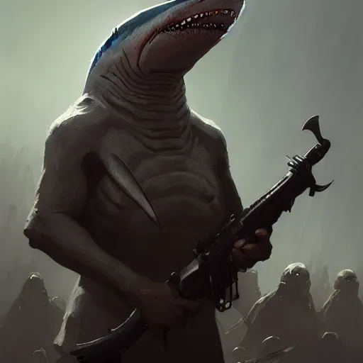 Prompt: anthropomorphic shark alone on a battlefield surrounded by corpses, casual clothes , horror , backlight, ,highly detailed, digital painting, artstation, concept art, matte, sharp focus, illustration, by Greg Rutkowski