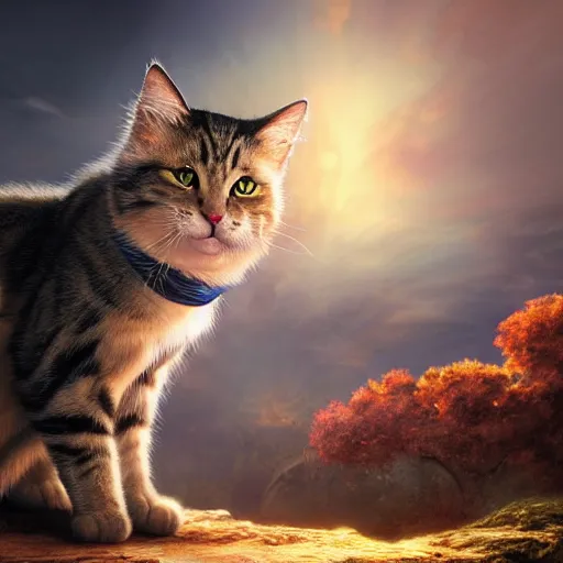 Image similar to cat - goku hybrid, genkidama, golden hour, fantasy, sharp focus, digital art, hyper realistic, 4 k, unreal engine, highly detailed, hd, dramatic lighting by brom, trending on artstation, new cats movie