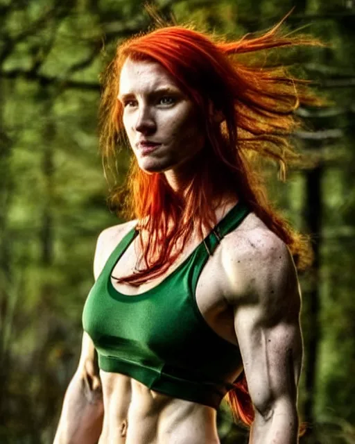 Prompt: muscular female druid, perfect face, thin antlers, green halter top, ginger hair, abs, cinematic, freckles, stunning, athletic, strong, agile, highly detailed, smooth, hard focus