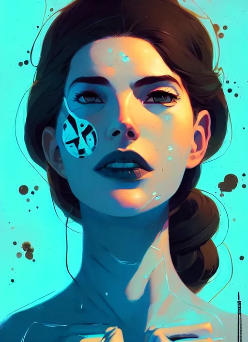 Image similar to highly detailed portrait of an electric woman, by atey ghailan, by greg rutkowski, by greg tocchini, by james gilleard, by joe fenton, by kaethe butcher, gradient blue, black, brown and cyan color scheme, grunge aesthetic!!! ( ( graffiti tag wall background ) )