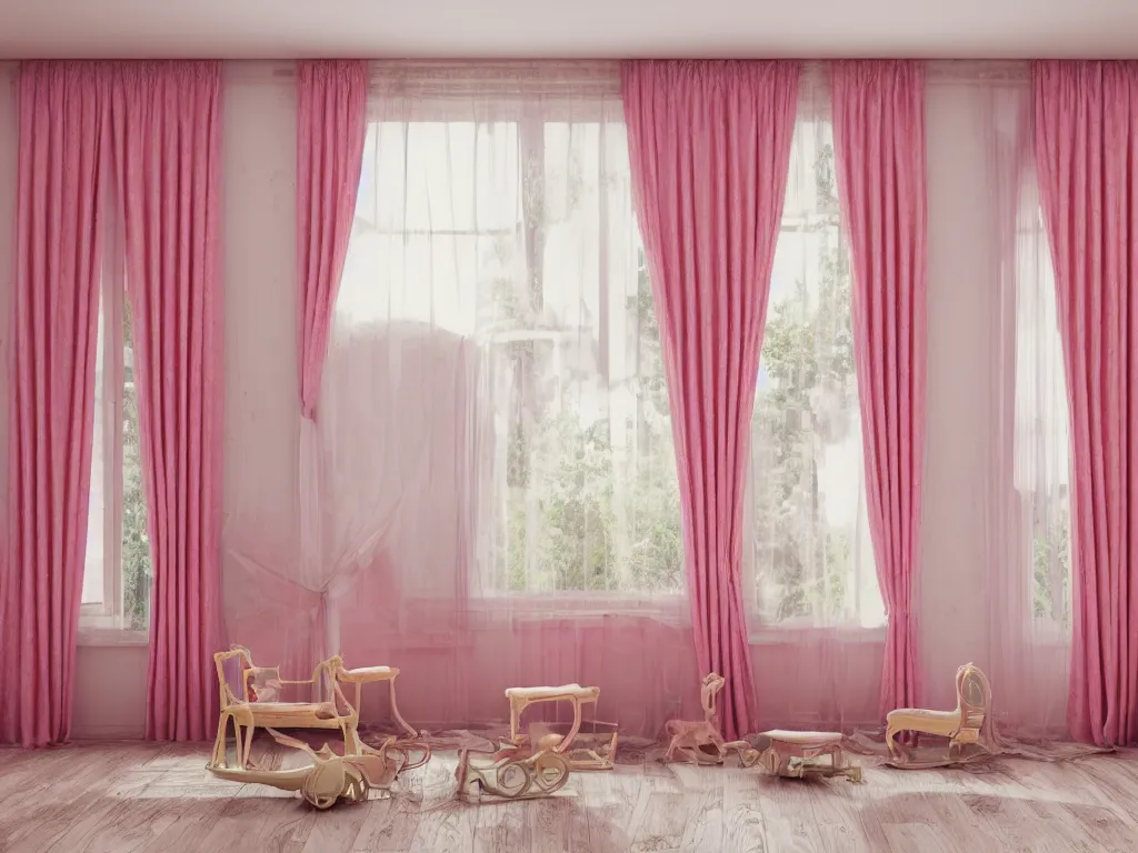 Image similar to 3D render of vintage interior house with very large pink curtains and toys on the floor and a rocking horse in the middle, High detail, Octane Render, faded colors, pastel colors