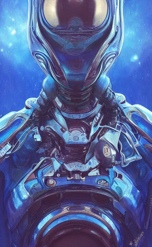 Prompt: portrait of a blue alien wearing a tight and smooth space suit, magical artifact, filaments, intimidating, intricate, headshot, highly detailed, digital painting, artstation, concept art, sharp focus, cinematic lighting, illustration, art by artgerm and greg rutkowski, alphonse mucha, cgsociety