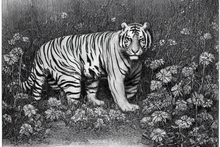 Prompt: portrait of tiger hiding in the flowers, Gustave Dore lithography