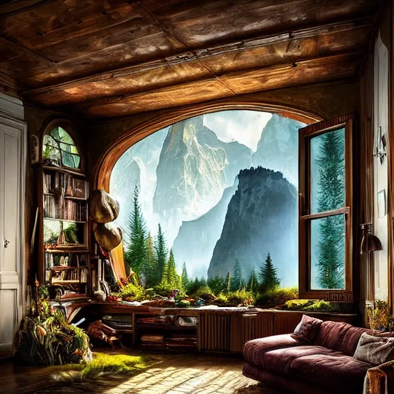 Image similar to fantastical living room with switzerland landscape in the window by marc adamus, beautiful dramatic lighting, overgrown with funghi, style by peter deligdisch, peterdraws