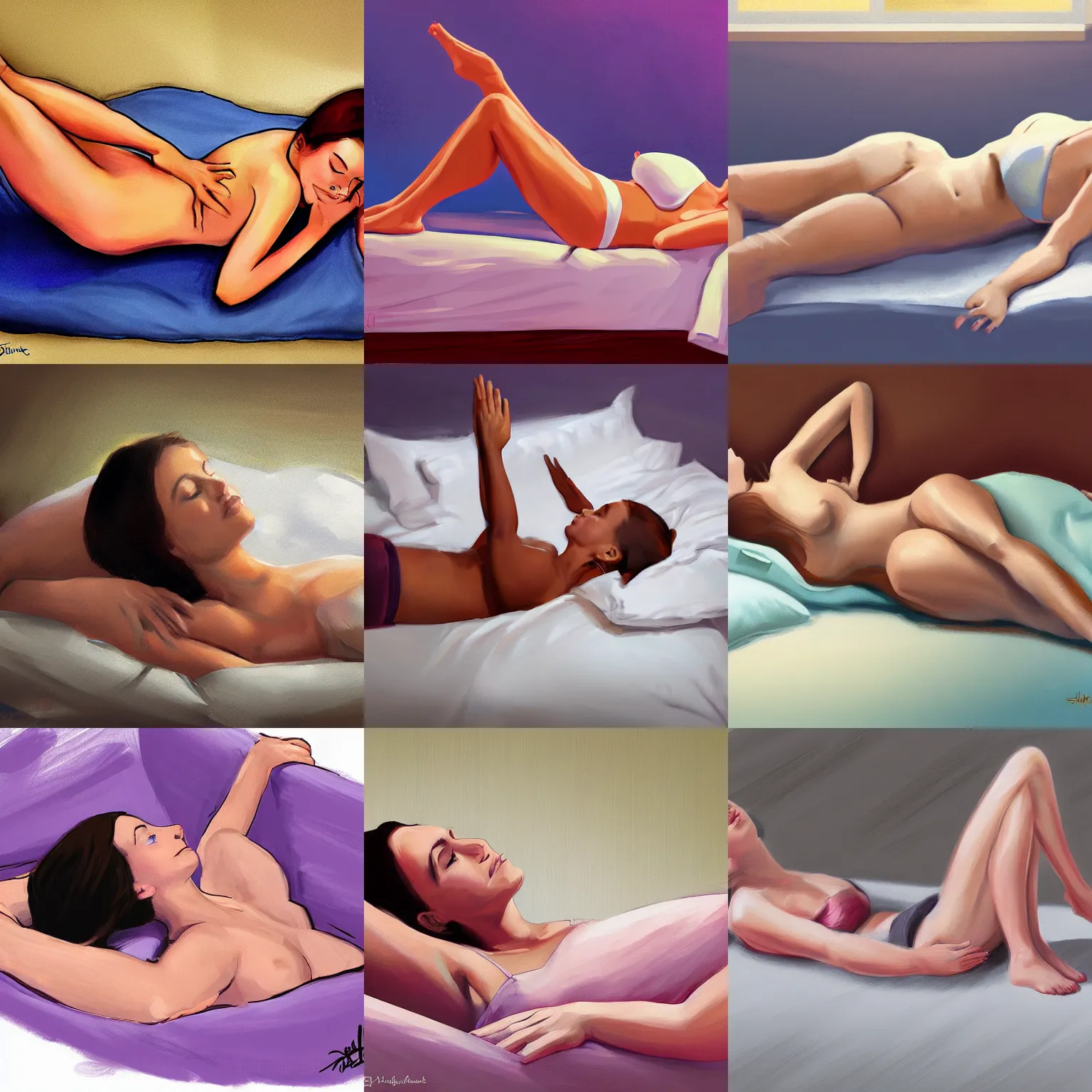 Prompt: digital painting of a girl lying on her belly in bed with her hands on her chin and her feet in the air, in the style of stanley artgerm