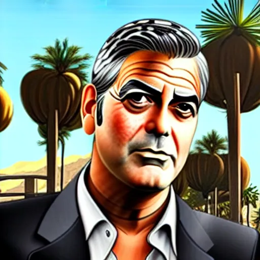 Image similar to george clooney in gta v. los santos in background, palm trees in the art style of stephen bliss