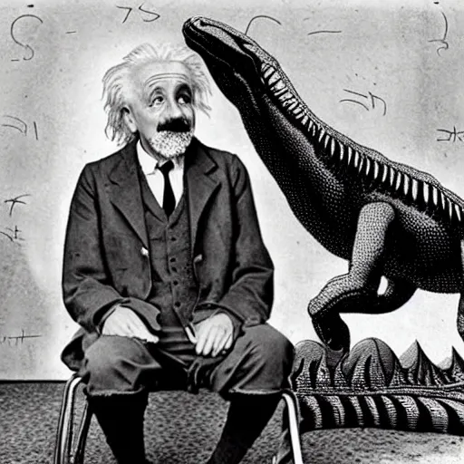 Image similar to albert einstein sitting on a dinosaur