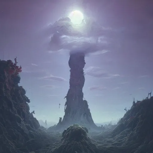 Prompt: a digital painting of a gigantic big enormous humanoid monster standing in the sky, concept art by simon stalenhag and peter mohrbacher cgsociety, vanitas, ominous, lovecraftian, speedpainting, weirdcore. hyper - realistic. photorealistic. octane render. intricate detailed masterpiece. extreme wide shot. realistic shading cinematic dynamic lighting. hdr. ray tracing