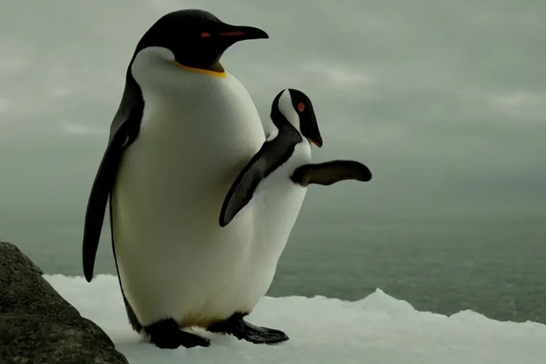 Image similar to vfx movie scene closeup penguin in ancient armor holding a katana in a green arctic. by emmanuel lubezki