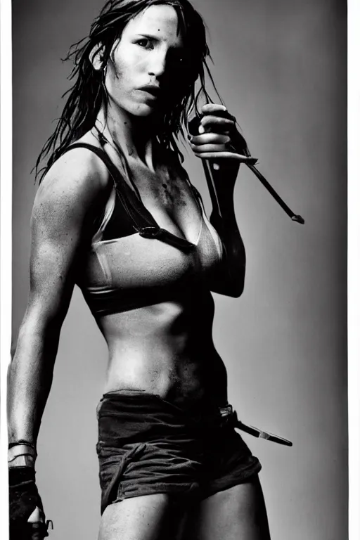 Image similar to Lara Croft, 35mm, f2.8, award-winning, candid portrait photo, taken by annie leibovitz