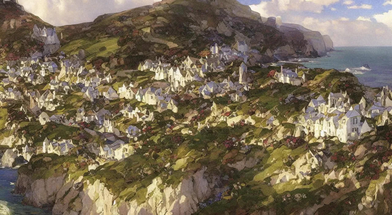 Prompt: A beautiful landscape painting of a small cornish village by the sea and cliffs by Alfons Maria Mucha and Julie Dillon and Makoto Shinkai