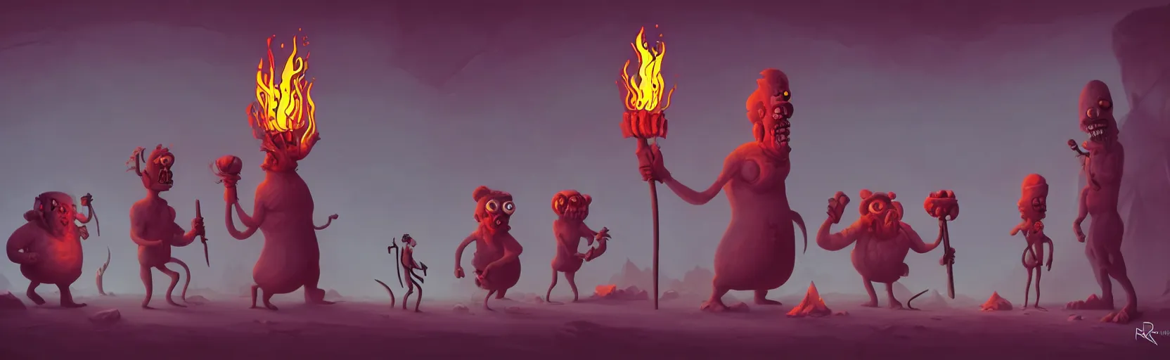 Image similar to uncanny whimsical savage mutants from the depths of a vast wasteland in the collective unconscious, dramatic lighting from fiery torches, surreal fleischer cartoon characters, shallow dof, surreal painting by ronny khalil