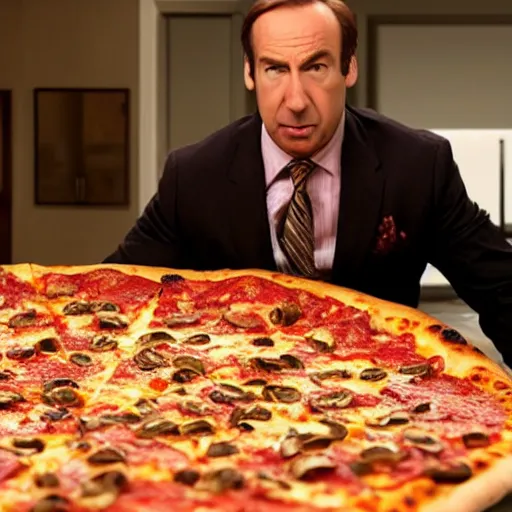 Image similar to Saul Goodman eating a gigantic pizza covering an entire room