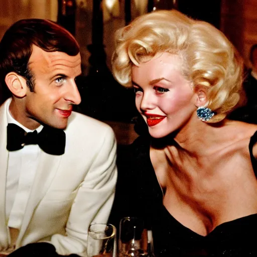 Prompt: emmanuel macron dinning with marylin monroe on the trocadero