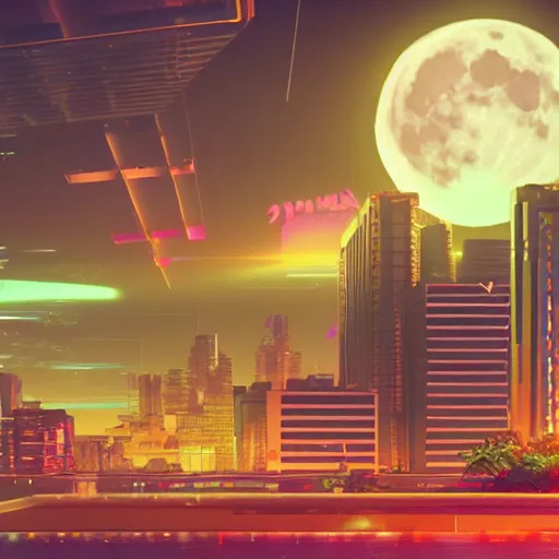 Image similar to a cityscape with a big moon, vaporwave, synthwave, glowing neon lights, detailed illustration, octane render, god rays, intricate, epic lighting, cinematic composition, hyper realistic, 8 k resolution, unreal engine 5, by artgerm, tooth wu, dan mumford, beeple, wlop, artstation