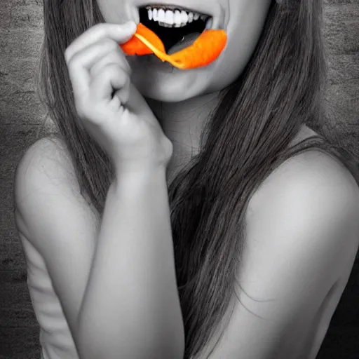 Image similar to a girl with a big teeth and she's eating a carrot photo - realistic