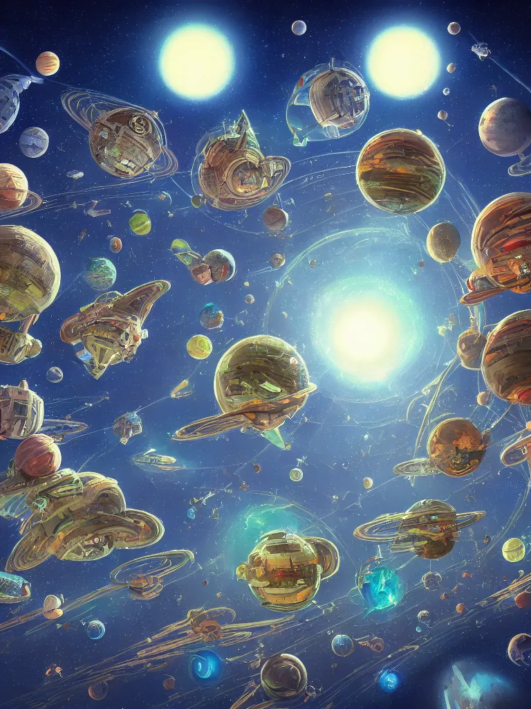 Image similar to detailed concept art of a fantastic space city on a tiny planet with multiple little moons and maybe some cute satellites against a breathtaking sky, by dr seuss and bob ross