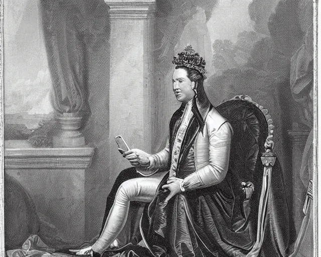 Image similar to 1 7 0 0 s photo of the king checking his twitter feed on his cellphone while sitting on his throne gold crown