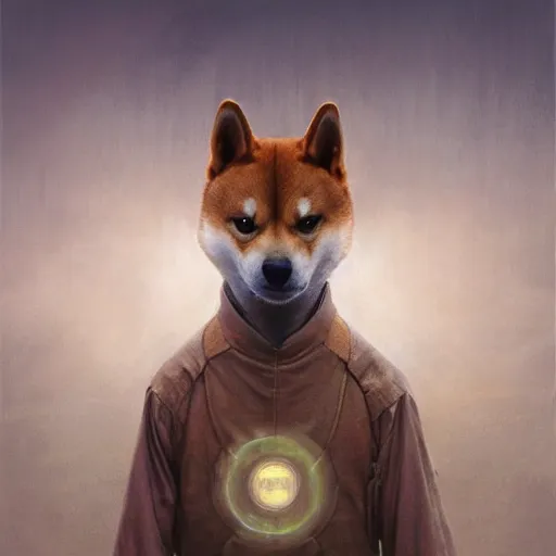 Prompt: realistic anthropomorphic shiba inu, in radiation suit armor, fantasy science fiction, glowing electric aura, by donato giancola and greg rutkowski and wayne barlow and zdzisław beksinski, realistic face, visible face, digital art, artstation, symmetry