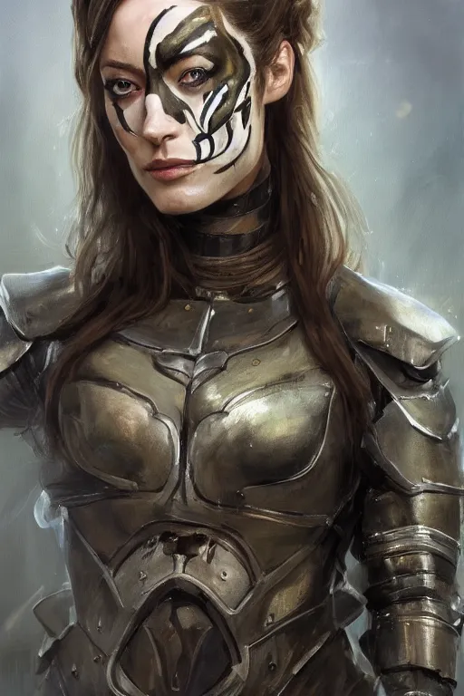 Prompt: a professionally painted portrait of Olivia Wilde, clothed in ancient battle armor, olive skin, long dark hair, beautiful bone structure, symmetrical facial features, face painted with camouflage, intricate, elegant, digital painting, trending on Artstation, concept art, smooth, sharp focus, illustration, from Metal Gear by Ruan Jia and Mandy Jurgens and Artgerm and and william-adolphe bouguerea, award winning