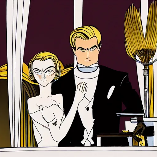 Image similar to cel shaded, square - jawed emotionless serious blonde woman starship engineer, tribal tattoos, handsome, short slicked - back hair, sweating, uncomfortable and anxious, wearing white and gold satin victorian gown with white feathers at opulent formal dinner, looking distracted, awkward, highly detailed, mike mignogna, david mack