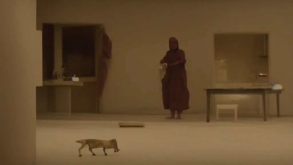 Image similar to a strange creature searches through a kitchen, film still from the movie directed by Denis Villeneuve with art direction by Zdzisław Beksiński, telephoto lens, shallow depth of field, golden hour