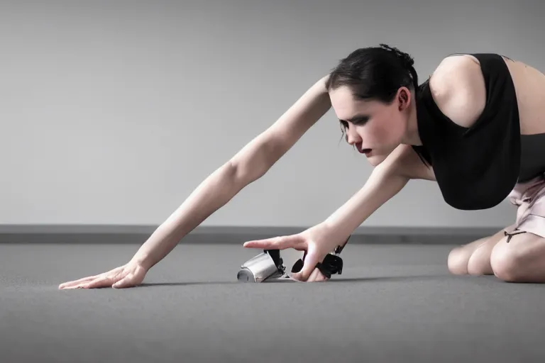 Image similar to close up of scarlet johannsson as a gynoid on her hands and knees polishing the floor, high resolution film still, 4 k, hdr color