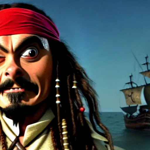 Image similar to mr. bean as jack sparrow from pirates of the carribean. movie still. cinematic lighting.