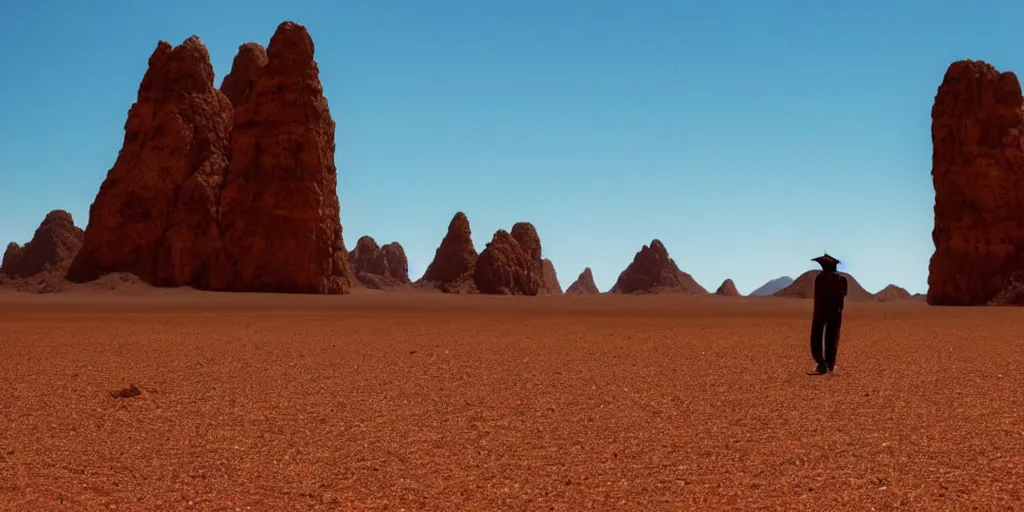 Image similar to of a photography of a man on walking on a desert along ants, with blue light dark blue sky, long cloths red like silk, ants are big and they shine on the sunlight, there are sand mountains on the background, a very small oasis on the far distant background along with some watch towers, ants are perfect symmetric insects, man is with black skin, the man have a backpack, the man stands out on the image, the ants make a line on the dunes, the sun up on the sky is strong, the sky is blue and there are some clouds, its like a caravan of a man guiding many ants on the dunes of the desert, colors are strong but calm, volumetric, detailed objects, Arabica style, wide view, 14mm,