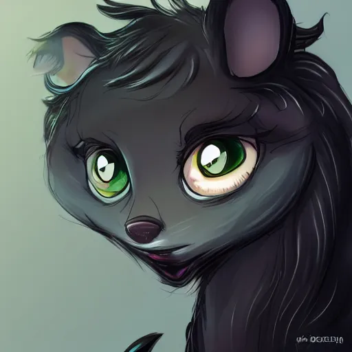 Image similar to headshot of young female furry, D&D, cute, fantasy, intricate, long hair, dark grey skin, mouse face, mouse nose, dark skin, mouse head, mouse ears, black hair, elegant, highly detailed, cartoony, artstation, concept art, smooth, sharp focus, illustration, art by Diives