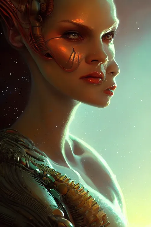 Image similar to attractive alien woman, close - up portrait, intricate, elegant, volumetric lighting, scenery, digital painting, highly detailed, artstation, sharp focus, illustration, concept art, gaston bussiere, ruan jia, steve mccurry