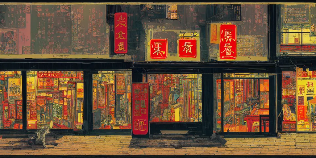 Image similar to a shop window in hong kong, by dan mumford and peter doig and edward hopper, minimal, black in, thick lines highly detailed, muted colours, overlaid with chinese adverts, 8 k