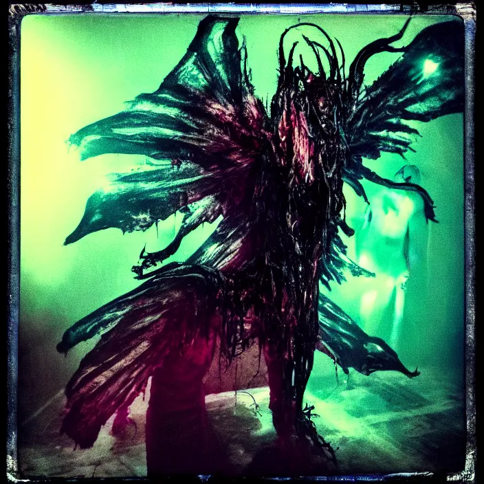 Image similar to a dark artistic photo of an alien creature with crazy wings, liminal eerie midnight backlit, big budget horror, a polaroid photo, bleeding decaying colors!