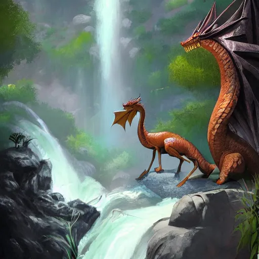 Image similar to beautiful photoshop commission of a slender dragon relaxing by a waterfall, digital painting, artstation, art by Jaime Jones