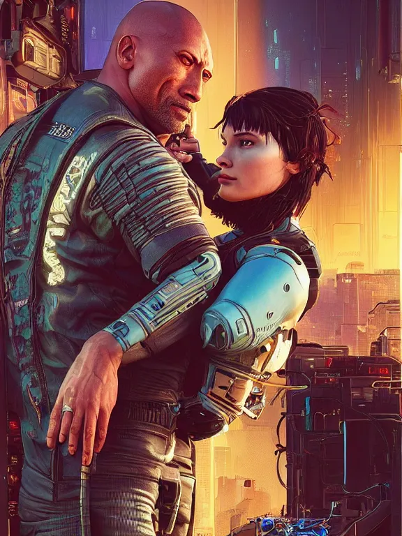 Image similar to a cyberpunk 2077 portrait of Dwayne Johnson hug a female android , complex mess of cables and wires behind them connected to giant computer, love,film lighting, by laurie greasley,Lawrence Alma-Tadema,William Morris,Dan Mumford, trending on atrstation, full of color, mythological, high detailed,golden ratio,cinematic lighting