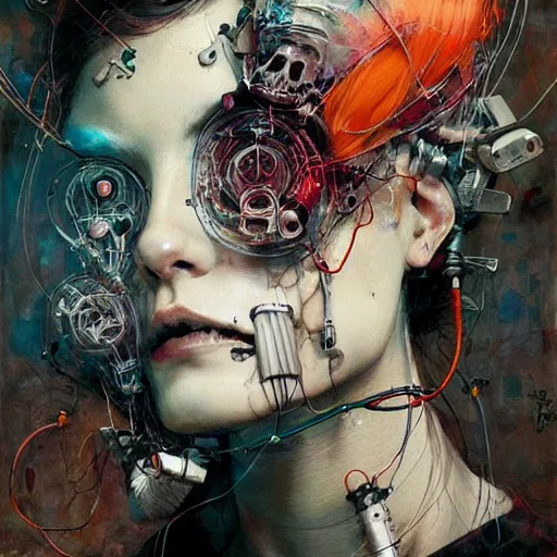 Prompt: woman cyberpunk hacker dream thief, wires cybernetic implants, skulls in the style of adrian ghenie, esao andrews, jenny saville,, surrealism, dark art by james jean, takato yamamoto