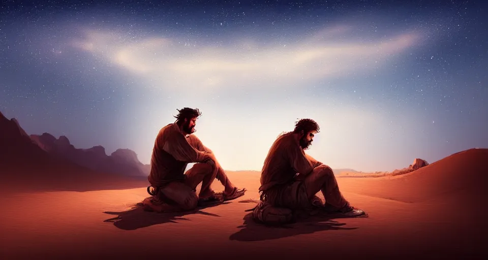 Image similar to a man resting in the desert at night, artstation