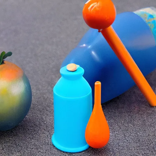 Prompt: blue goldberg machine containing a rocket and an orange