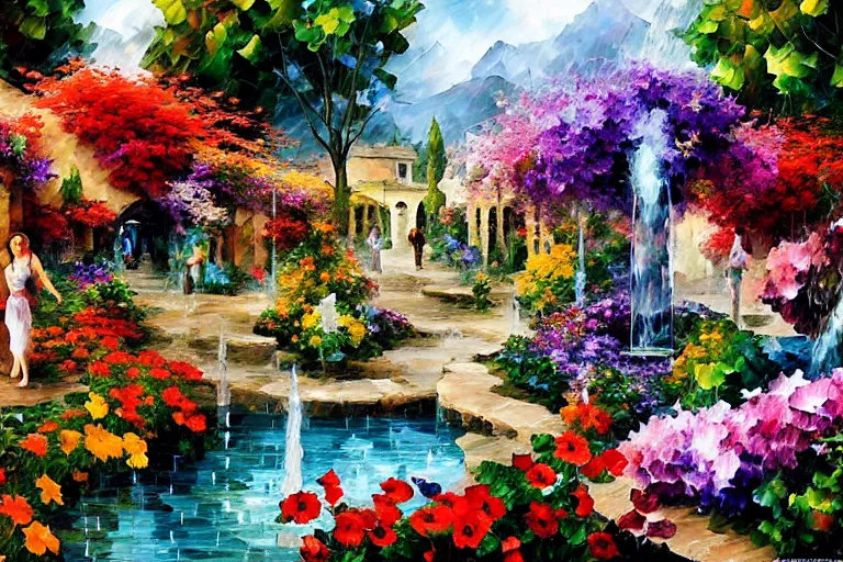 Image similar to flowers and fountains in valley village by arthur adams, charlie bowater, leonid afremov, chiho ashima, karol bak, david bates, tom chambers