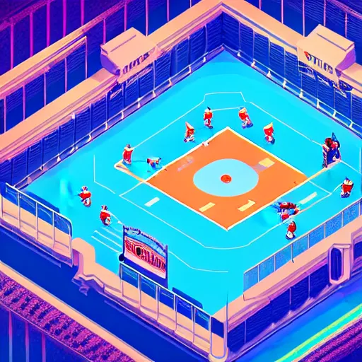 Image similar to Huge hockey arena game illustration, aerial view, isometric Voxel, pixel art, Blizzard, EASports, intricate, elegant, highly detailed, digital painting, artstation, concept art, smooth, sharp focus, art by Roman Klco by Cuberto and Shadow Run, brightly lit cinematic soft lighting, 4k