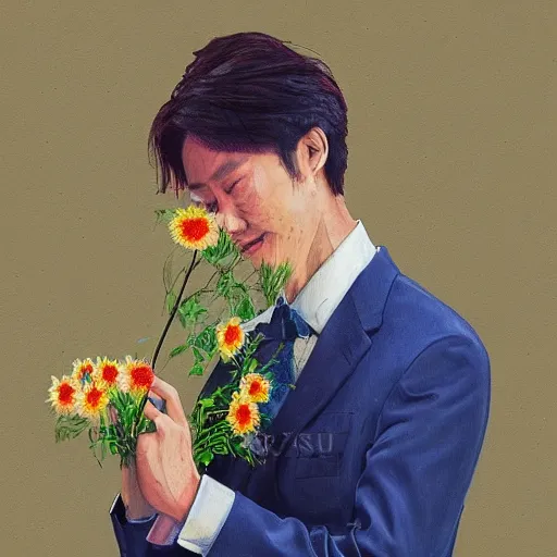 Image similar to guy holding flowers, looking nostalgic, in love, in a dapper suit, artwork by Cheng, Hsiao-Ron